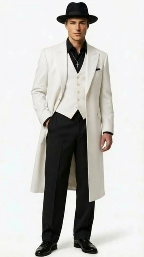 Mens White Long Zoot Suit Costume Set with Black Pants Wedding, Prom and Party Outfit 1920s - 1930s Gangster Style