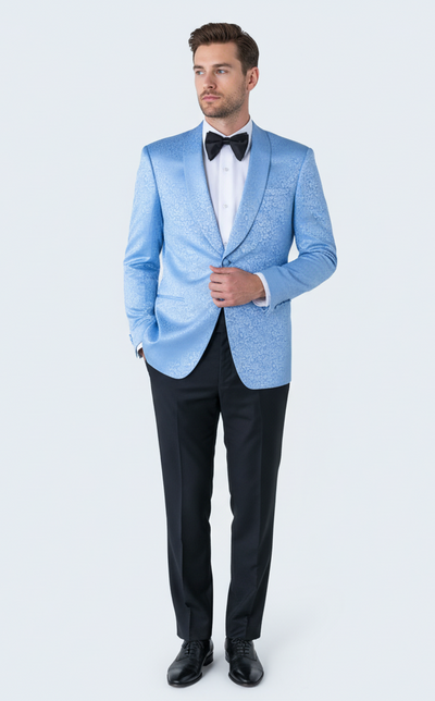 Mens Light Blue Paisley Tuxedo Jacket Elegant Satin Shawl Lapel Dinner Blazer for Weddings, Proms in Sky Powder Blue Color Bowtie