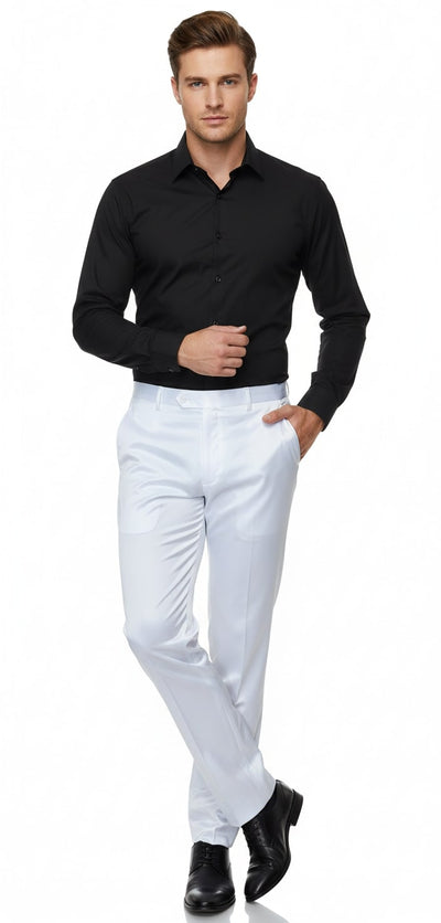 Mens White Satin Slim Fit Dress Pants Shiny Formal Party and Wedding Trousers