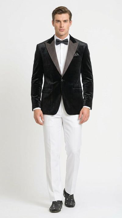 Mens Black Velvet Tuxedo Blazer with Studded Lapel Formal Evening Jacket