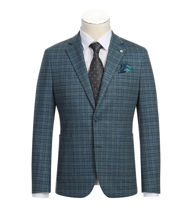 Half Canvas Slim Fit Blazer in Green Blue Check - 40R