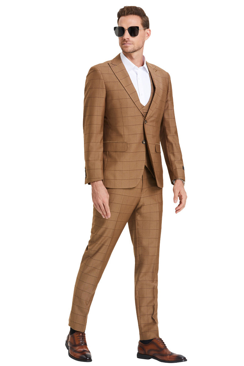 "Sharkskin Suit Men's Two Button Vested Peak Lapel in Camel Windowpane Plaid"