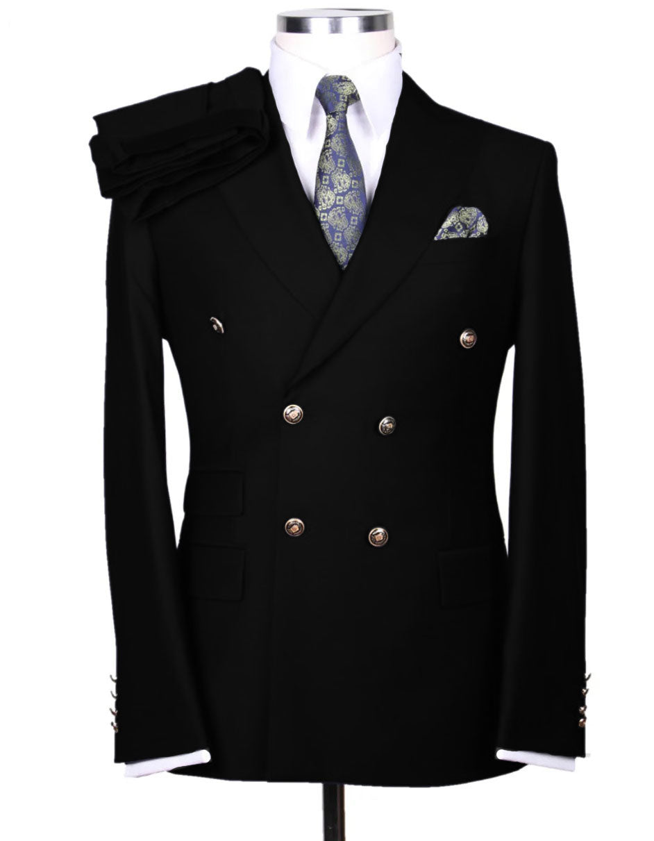 Mens Designer Double Breasted Wool Suit with Gold Buttons in Navy - New Arrival - 38 Short Jacket+32 Waist Adjustable 28to34)(Height: 5 4 to5 7 )(Neck 15-16.5)S-M)