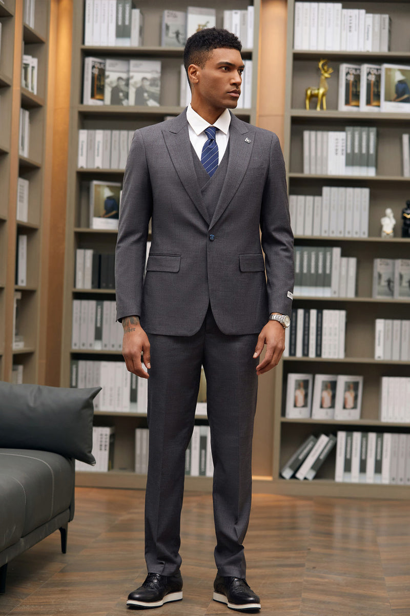 "Mens Stacy Adams Suit - Stacy Adams Suit Men's Designer Suit - Charcoal Grey Vested One Button Peak Lapel" - 34 Short