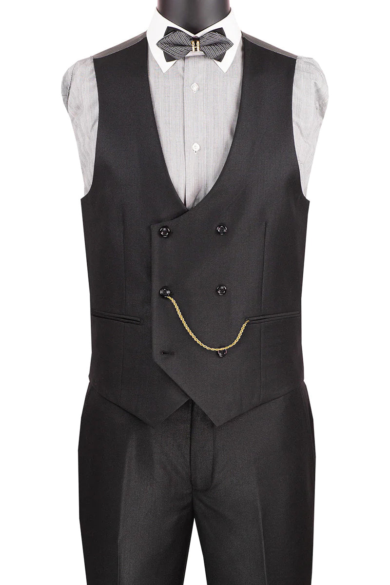 "Black Men's Modern Fit Tuxedo Suit with Double Breasted Vest - Satin Trim"