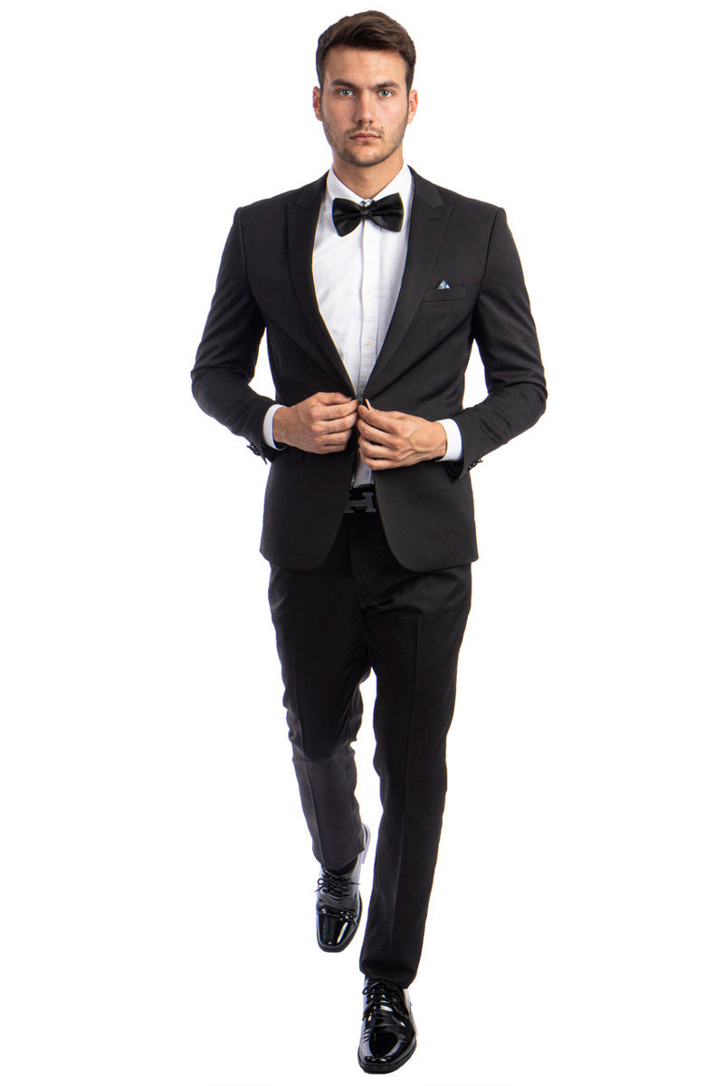"Black Slim Fit Suit for Men - One Button Peak Lapel Basic" - 34 Short