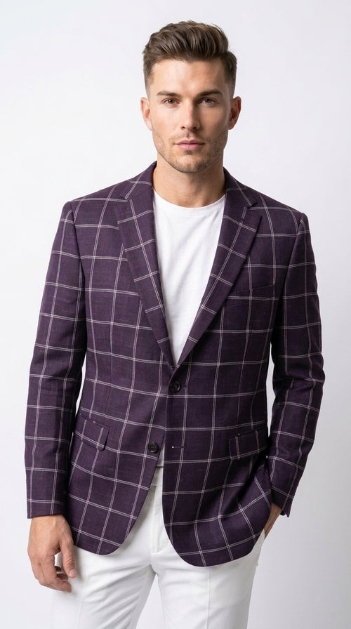 Men's Purple Windowpane Sport Coat β Classic Fit Plaid Blazer Jacket for Business, Wedding & Casual Wear