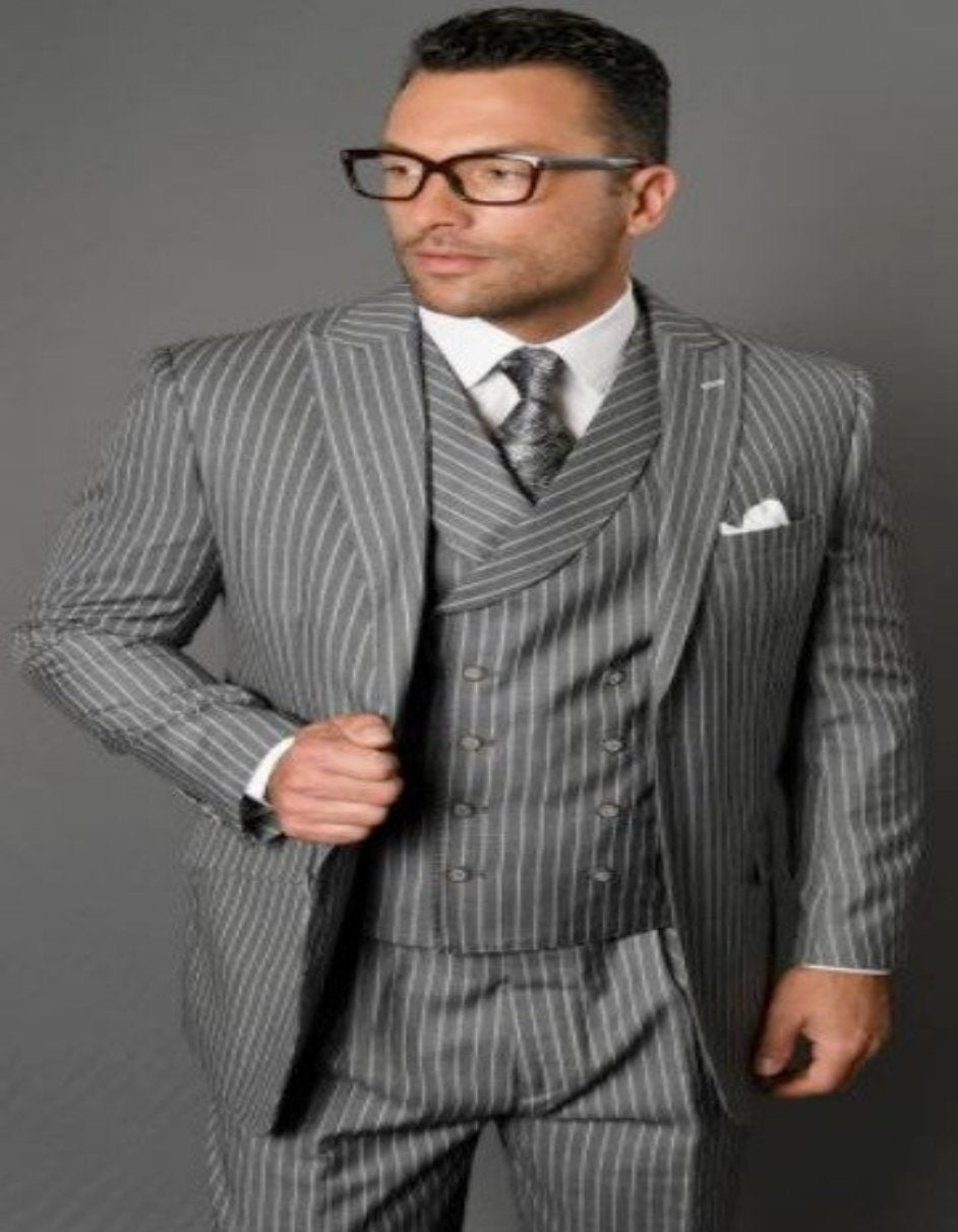Mens Gangster Pinstripe 2 Button Double Breasted Vest Suit in Black - 40 Short Jacket+34 Waist Adjust 30to36)(Height: 5 4 to5 7 )(Neck 15.5-17)M