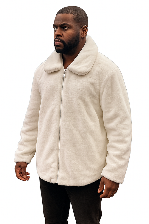 Men's White Fur Short Coat – Single Breasted, Full Zip, Regular Fit
