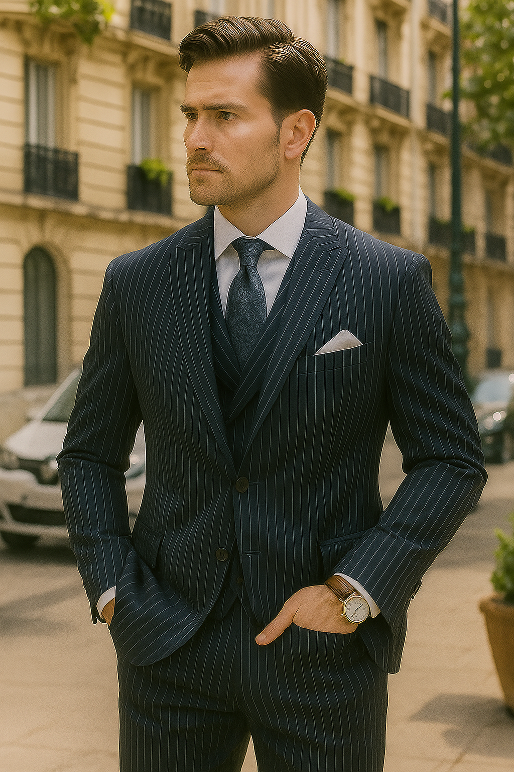 Mens Gangster Pinstripe 2 Button Double Breasted Suit in Navy - 38 Short Jacket+32 Waist Adjustable 28to34)(Height: 5 4 to5 7 )(Neck 15-16.5)S-M)