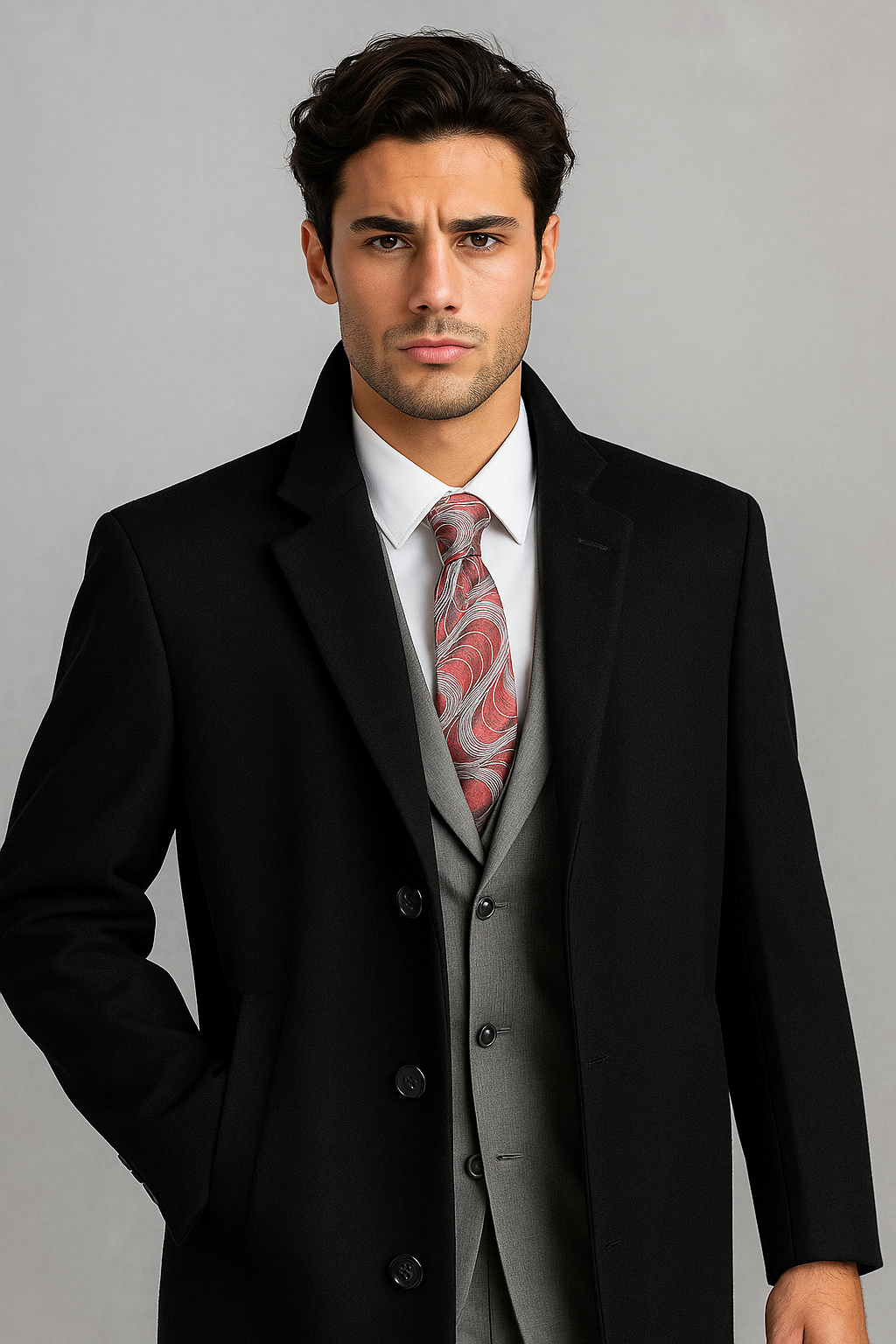 Men's Black Wool & Cashmere Overcoat – Classic Full Length Topcoat - Small