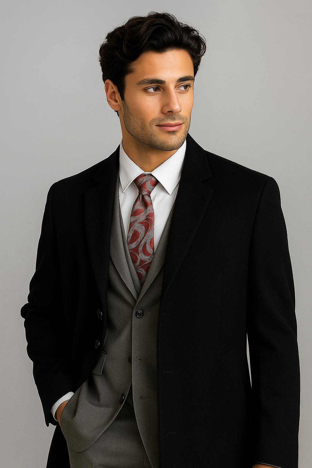 Men's Black Wool & Cashmere Overcoat – Classic Full Length Topcoat - Small