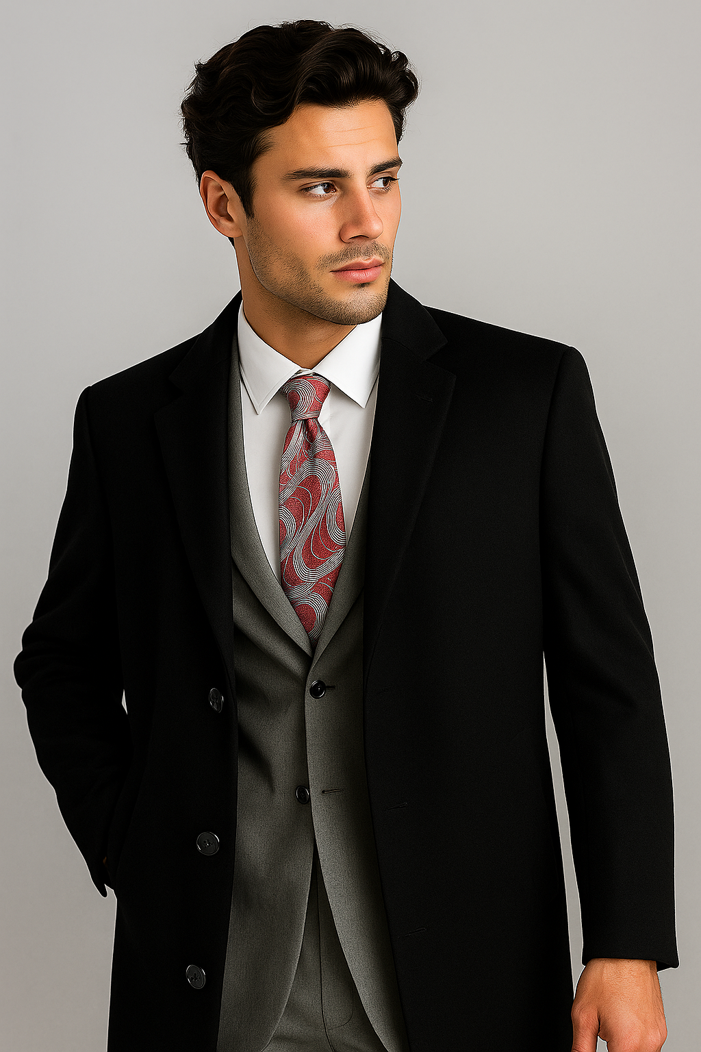 Men's Black Wool & Cashmere Overcoat – Classic Full Length Topcoat - Small