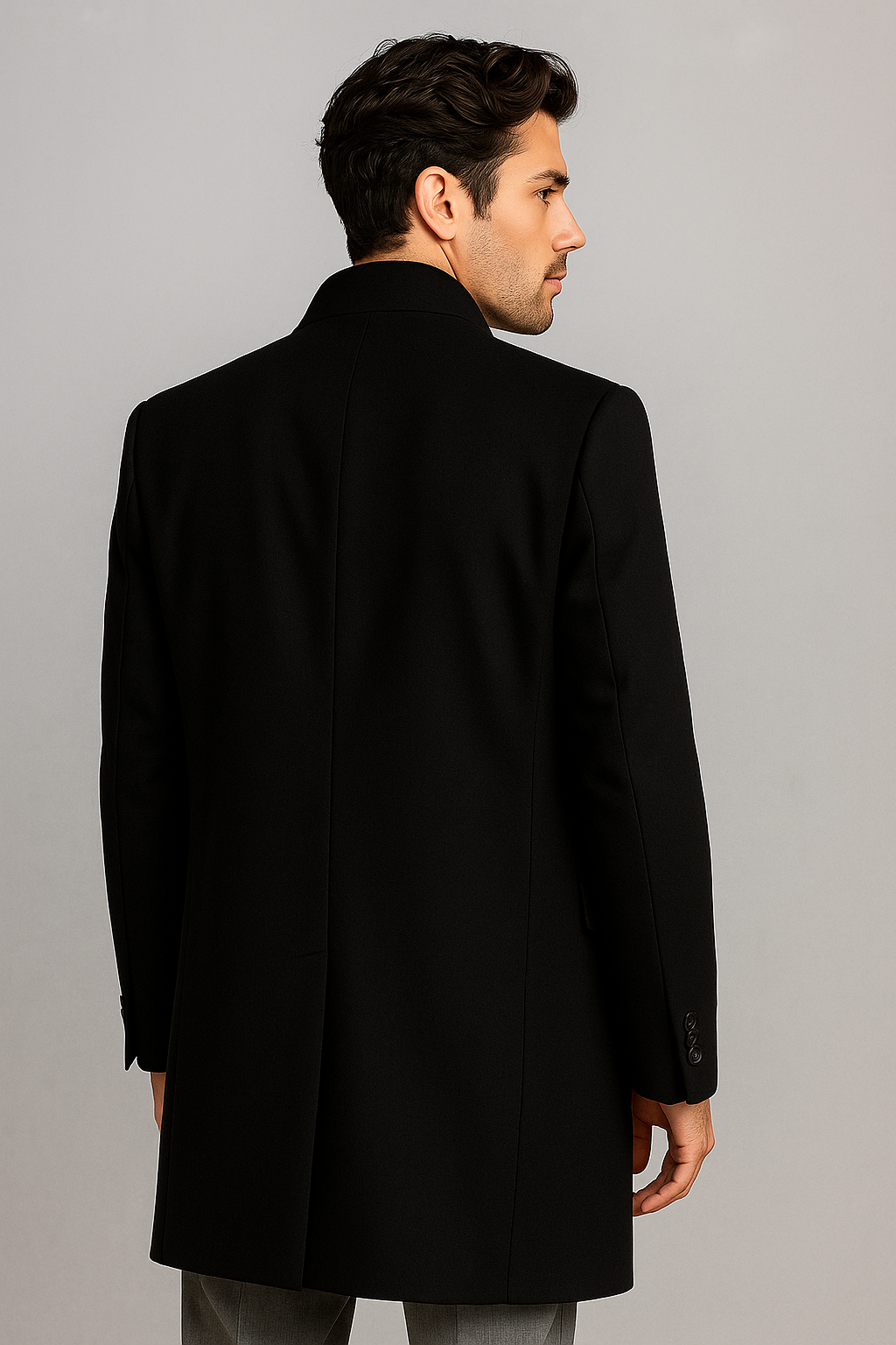 Men's Black Wool & Cashmere Overcoat – Classic Full Length Topcoat - Small