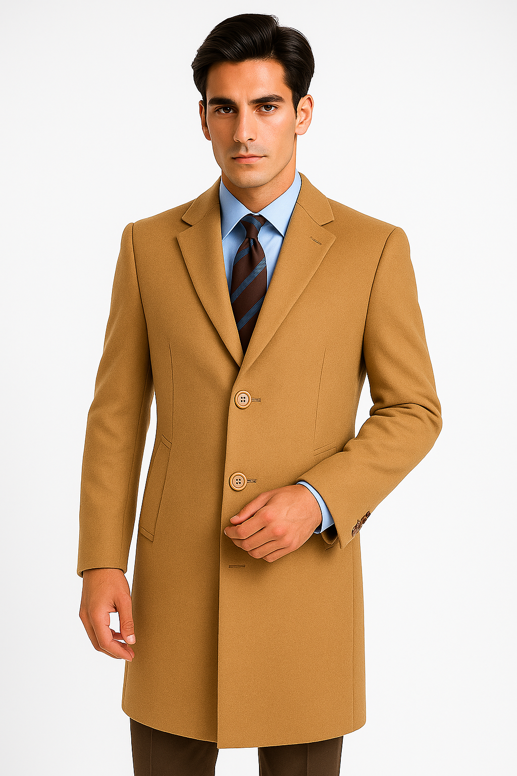 Men's Camel Wool & Cashmere Overcoat – Classic Full Length Topcoat - Small