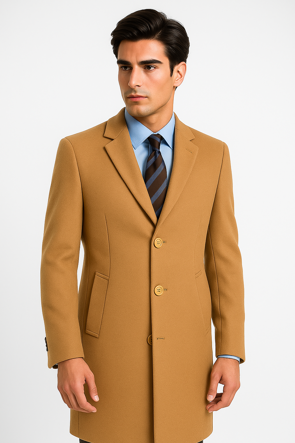 Men's Camel Wool & Cashmere Overcoat – Classic Full Length Topcoat - Small