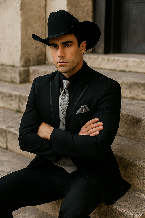 Mens Black Western Tuxedo with Silver Vest & Cowboy Hat – Slim Fit