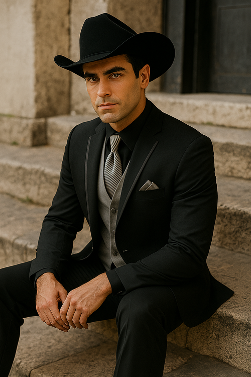 Mens Black Western Tuxedo with Silver Vest & Cowboy Hat – Slim Fit