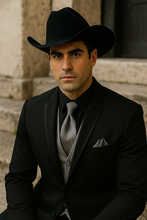 Mens Black Western Tuxedo with Silver Vest & Cowboy Hat – Slim Fit