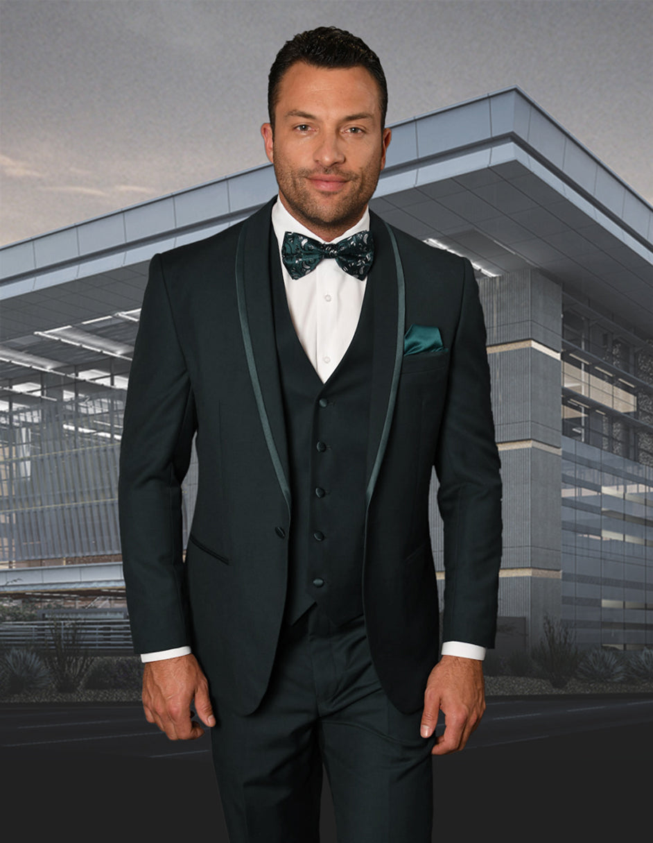 Mens Vested Shawl Lapel Tuxedo With Satin Trim in Hunter Green - 36 Short