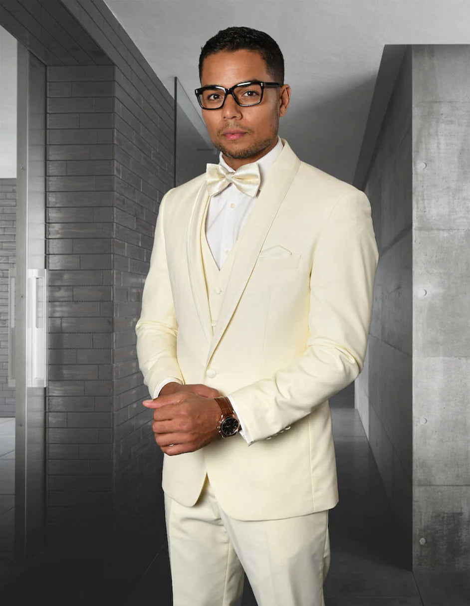 "Mens Vested Shawl Lapel Tuxedo Suit With Satin Trim in Ivory"