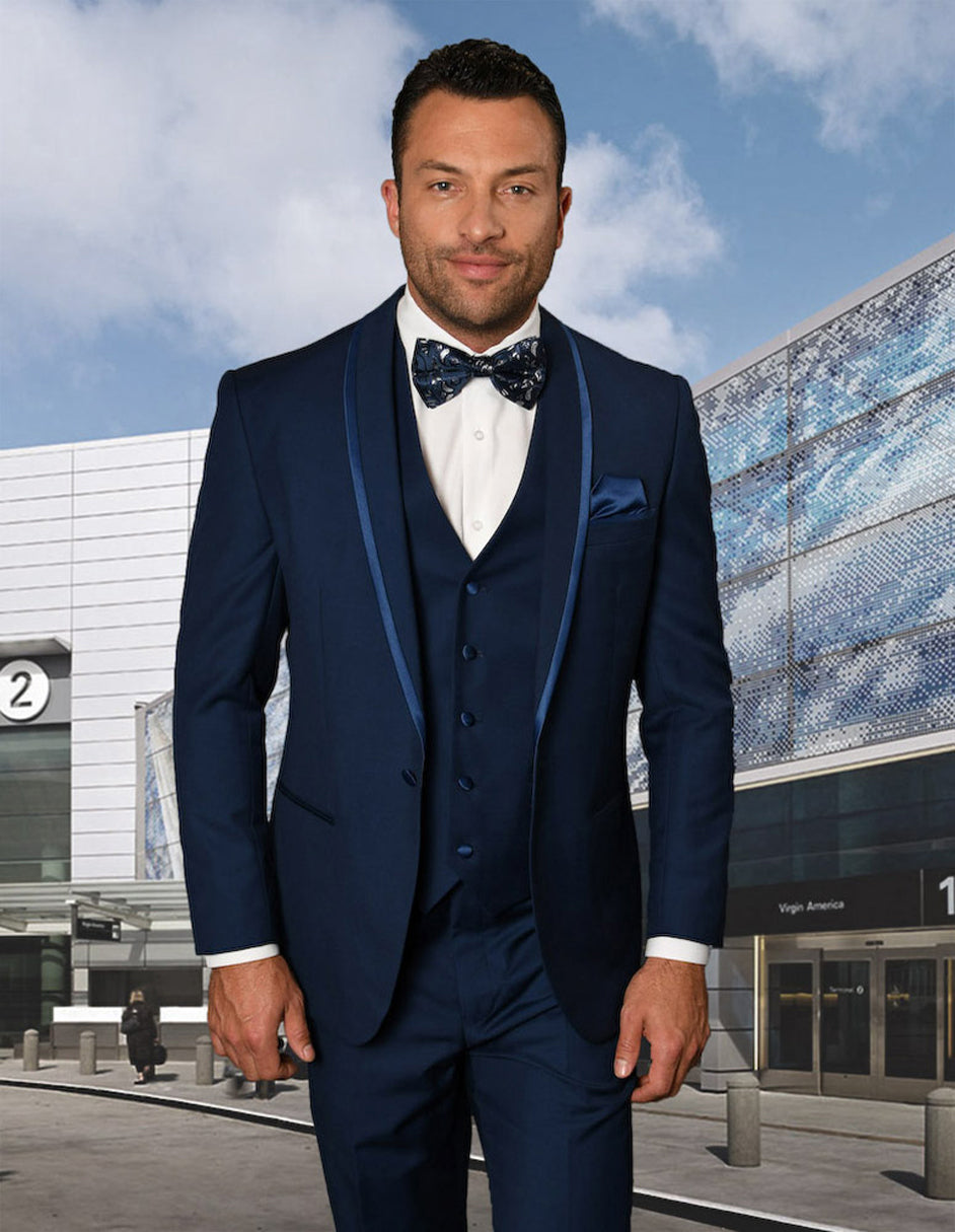 Mens Vested Shawl Lapel Tuxedo With Satin Trim in Sapphire Blue - 38 Short