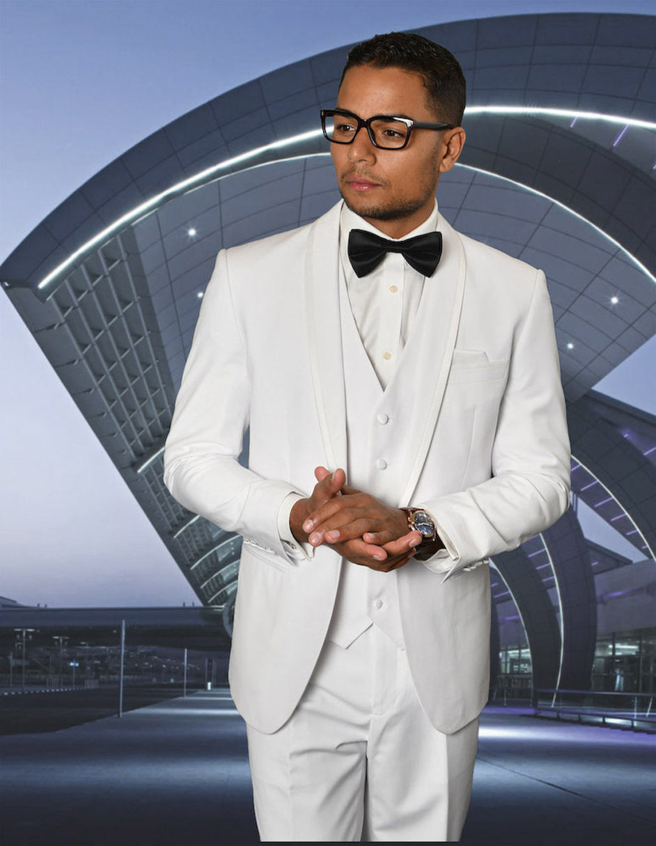 Mens Vested Shawl Lapel Tuxedo With Satin Trim in White - 40 Short