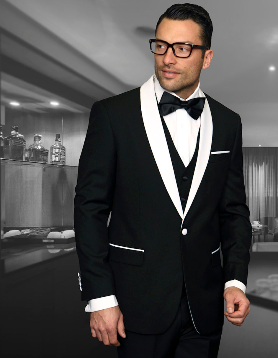Mens Vested Wool Shawl Lapel Tuxedo in Black - 42 Long