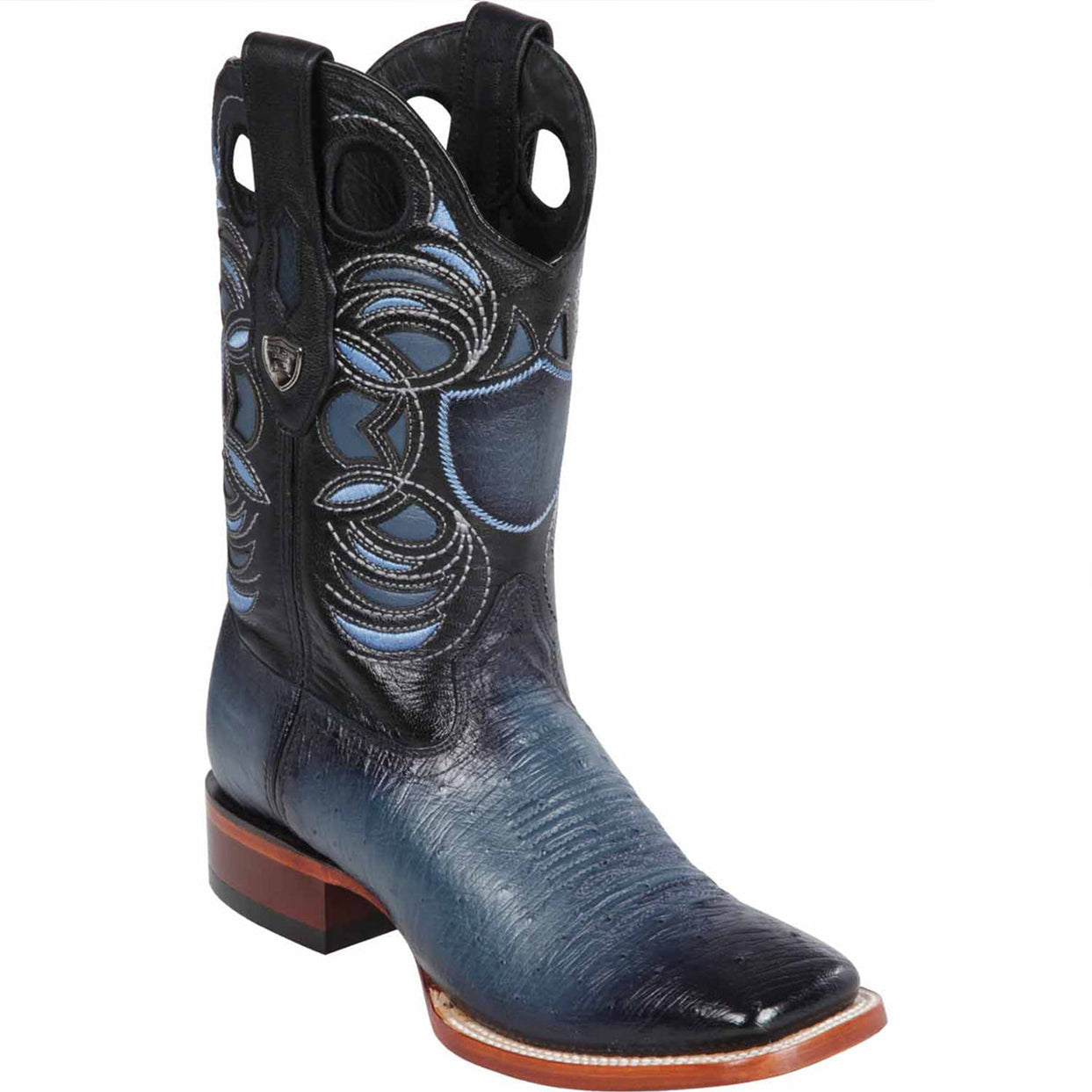 Blue Ostrich Belly Ranch Toe Western Boots - EE