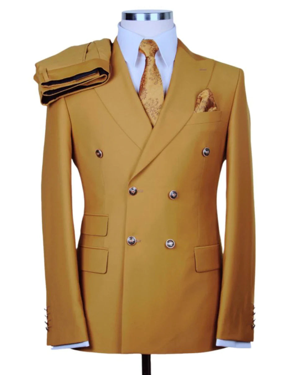 Mens Double breasted Suit - " Tan " 1920s 1980s Style Peak Lapel Suits - Back Side Vented Mens Designer Modern Fit Double Breasted Wool Suit with Gold Buttons in Tan - 36 Regular