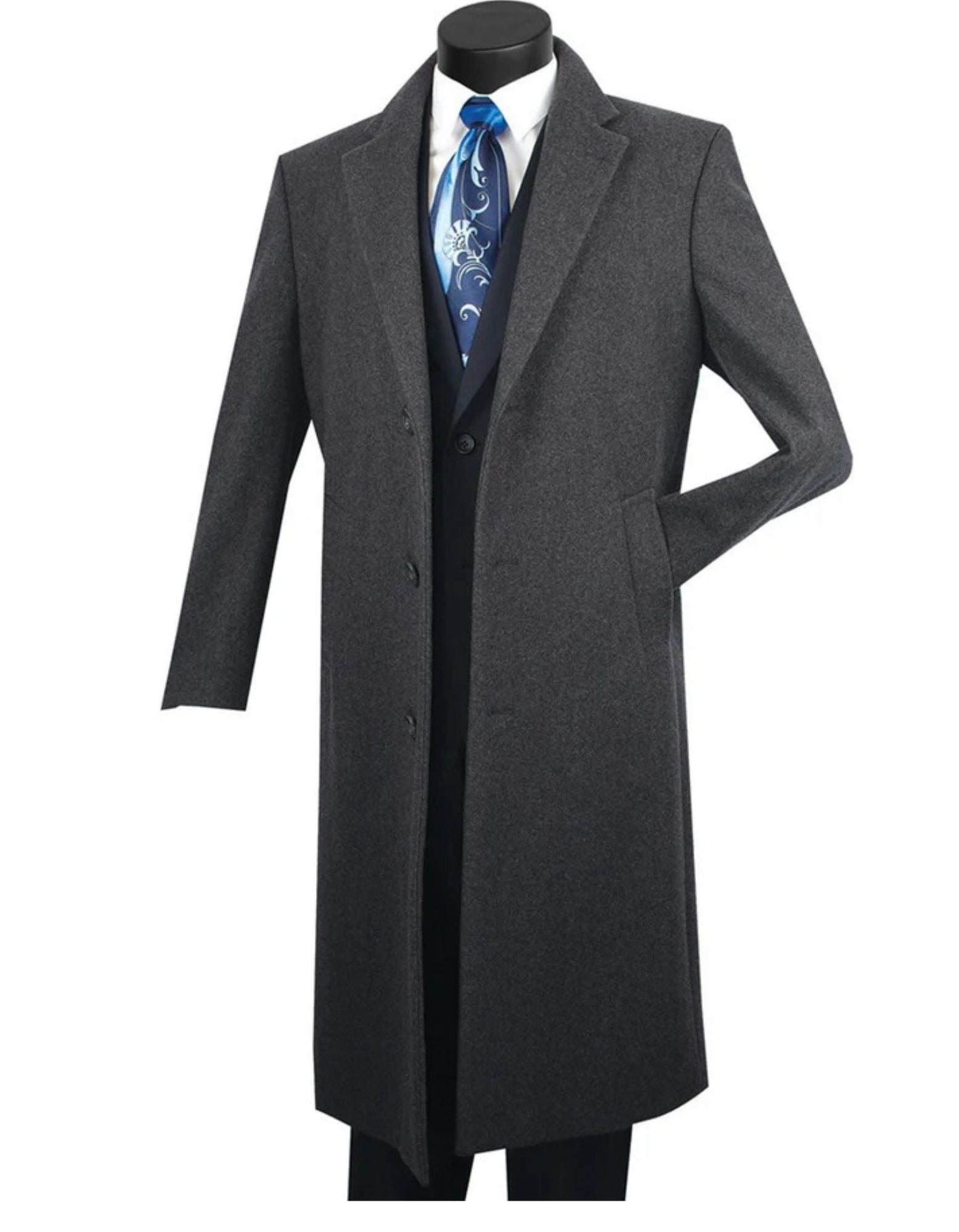 Charcoal Grey Men's Wool & Cashmere Full Length Overcoat - Charcoal