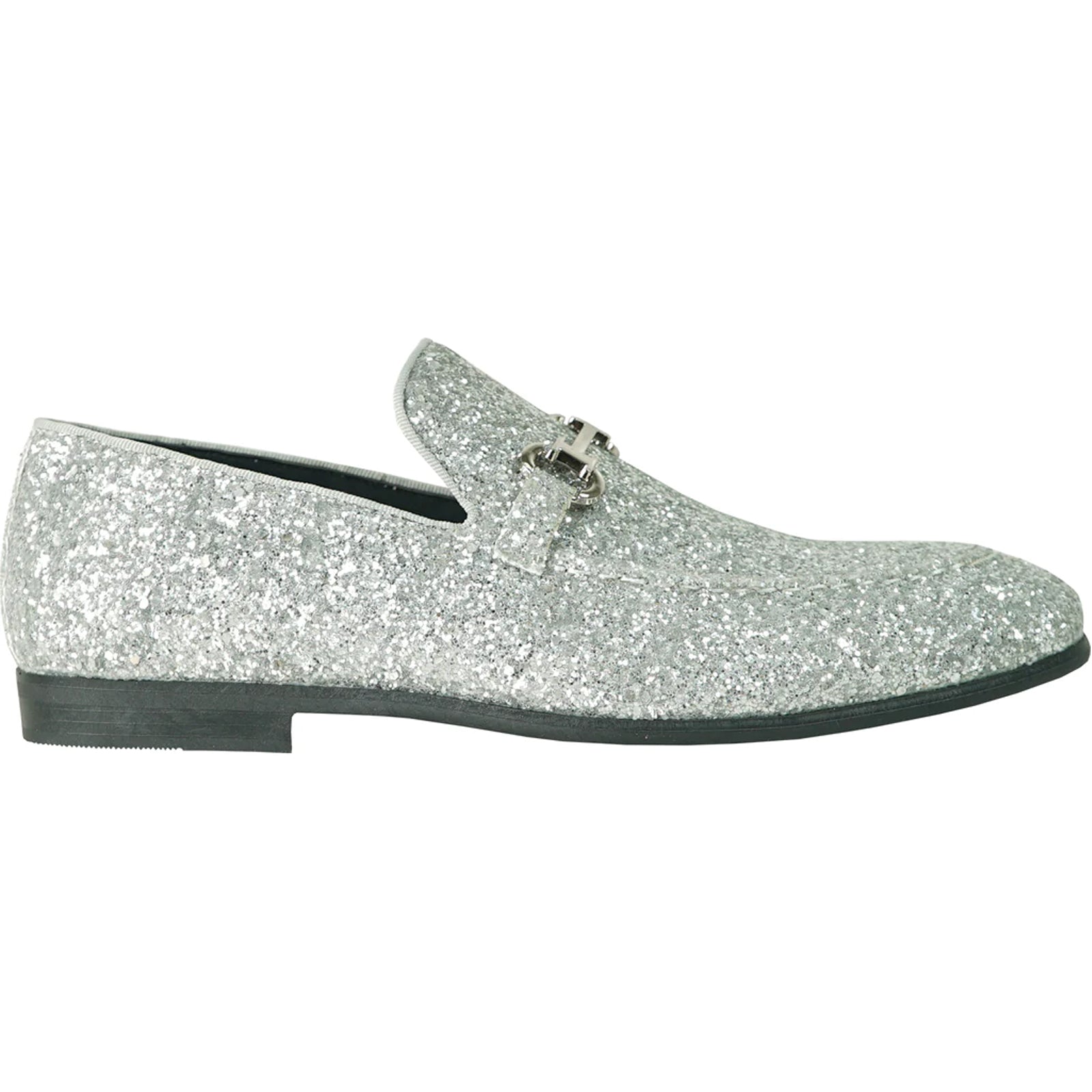 "Silver Sequin Prom 2025 Tuxedo Loafers - Modern Men's Glitter Buckle" - 7M