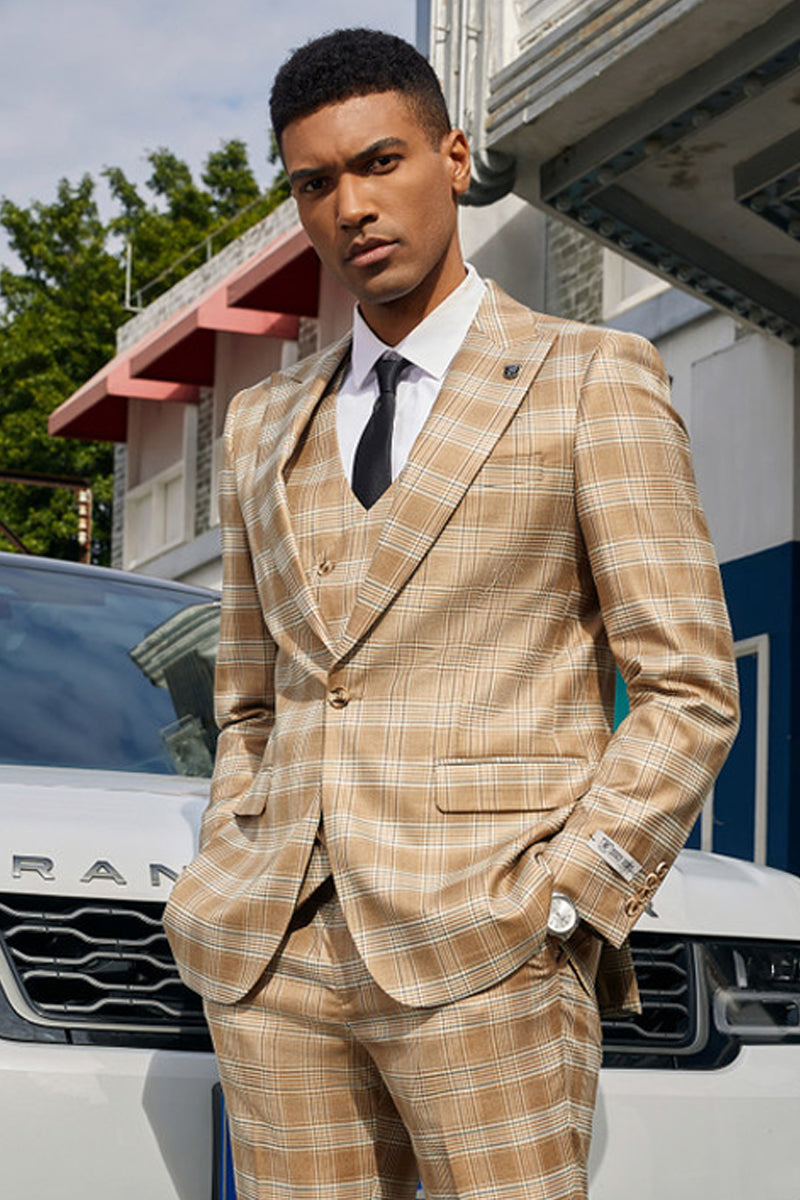 "Mens Stacy Adams Suit - Stacy Adams Suit Men's Light Tan Glen Plaid Vested Suit - One Button Peak Lapel" - 34 Short
