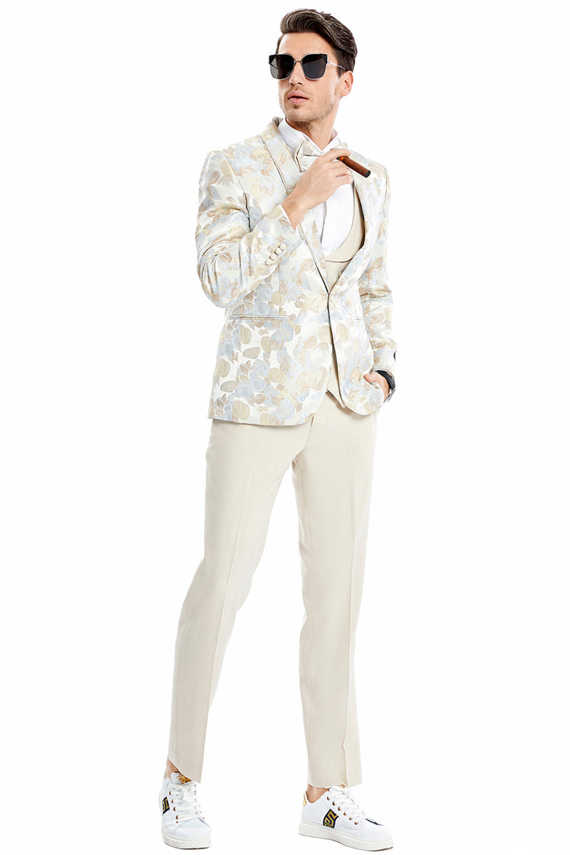 "Men's Floral Print Wedding Tuxedo Suit - One Button Vested, Tan" - 34 Short