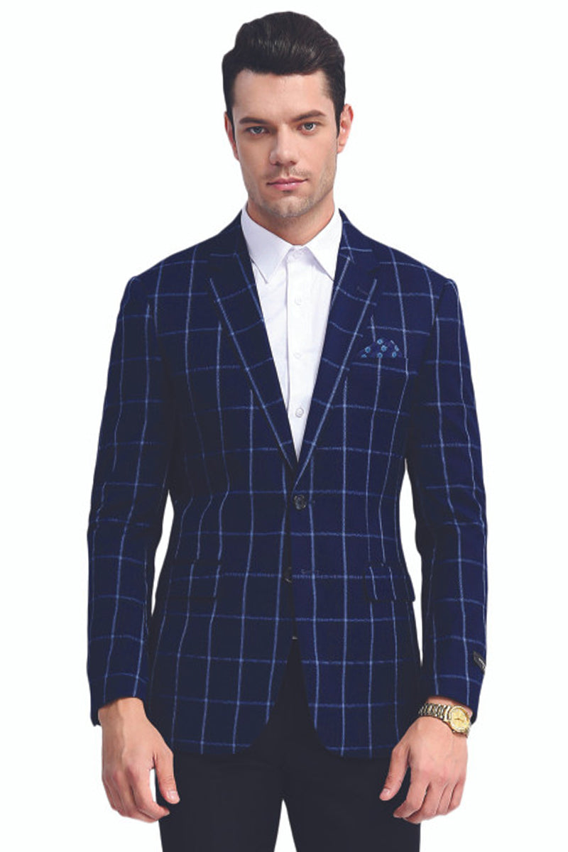 "Men's Slim Fit Navy Blue Sport Coat - Two Button Chalk Bold Windowpane"