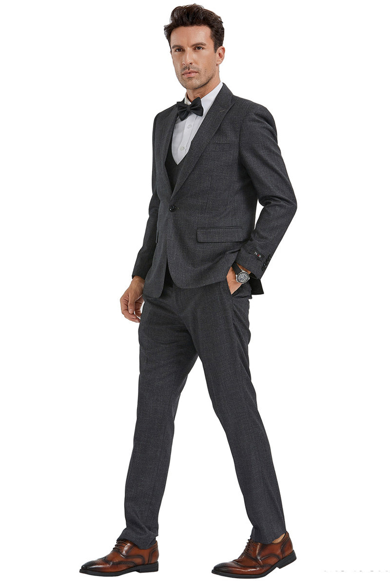 "Charcoal Sharkskin Men's Slim Fit Suit with Peak Lapel & Double Breasted Vest" - 34 Short