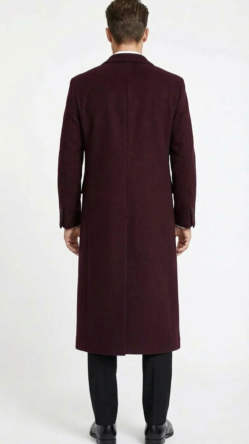 Mens Burgundy Long Coat Classic Fit Wool Blend Overcoat - Topcoat Full length