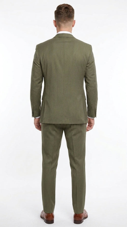 Men’s Olive Green Tone-on-Tone Shadow Pinstripe 3 Piece Suit – Modern Formal Suit with Vest Shadow Stripe