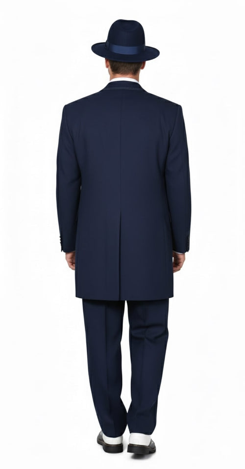 Mens 1920s Navy Blue Zoot Suit Vintage Gangster 3-Piece Long Jacket Suit Classic Fit Pleated Pants