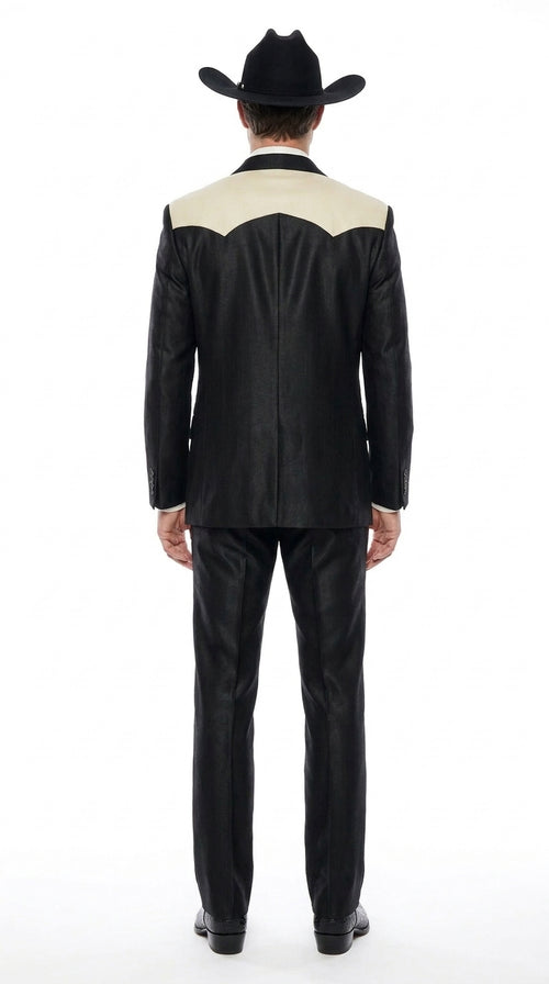 Men's Black Western Suit with White Shoulder Yoke – 2 Piece Cowboy Wedding Suit & Western Blazer with Matching Dress Pants