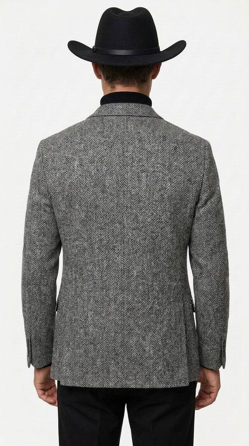 Men’s Grey Herringbone Winter Cowboy Blazer – Western Sport Coat Jacket