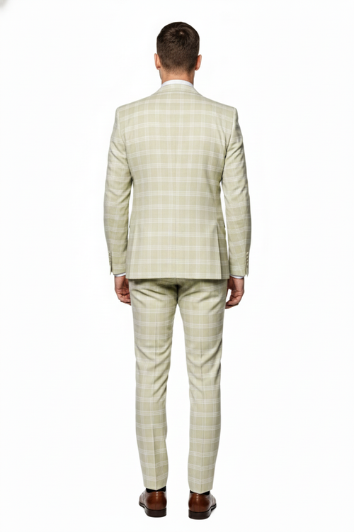 Mens Light Beige Check 3-Piece Suit Set Premium Tailored Fit Formal Wedding and Spring Event Suit Light Tan Sand Color By Rossiman