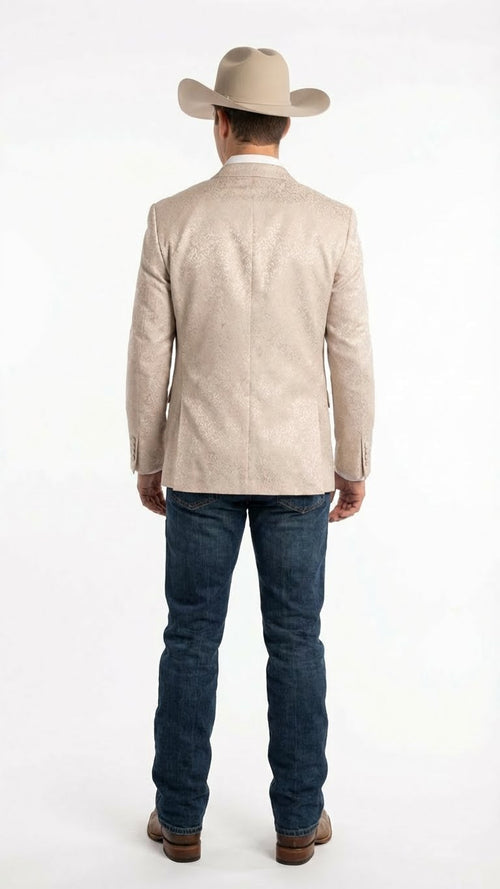 Mens Tan Khaki Beige Cream Champaign Paisley Western Blazer Jacket, Embossed Dress Sport Coat for Wedding Party Rodeo Style