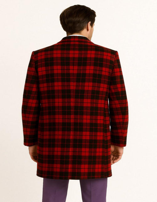 Mens Red and Black Plaid Wool Overcoat - Tartan Texture Fabric Christmas Carcoat