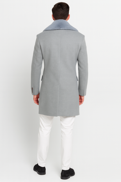 Mens Light Grey Double Breasted Overcoat with Faux Fur Shawl Collar – Winter Luxury Coat Wool Fabric
