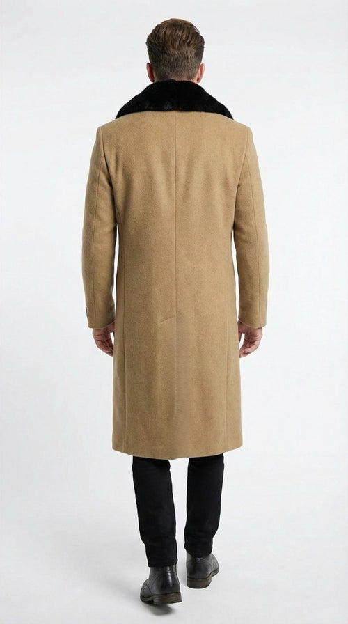 Mens Camel Tan Long Overcoat with Black Faux Fur Collar - Wool Topcoat Three if not Full length