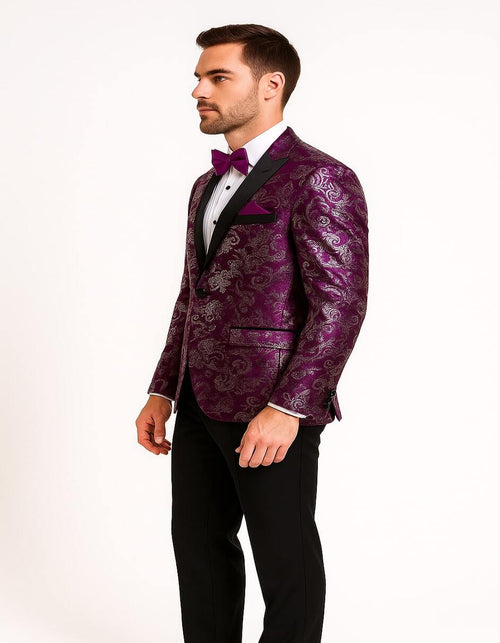 Men's Pinkish ~ Purple Paisley Tuxedo Jacket with Black Satin Lapel Formal Prom and Wedding Blazer in Meganta Color