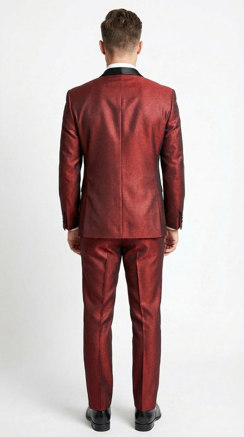Mens Shiny Burgundy Satin Tuxedo Jacket with Black Shawl Lapel | Formal Wedding & Prom Blazer - Sharkskin Fabric