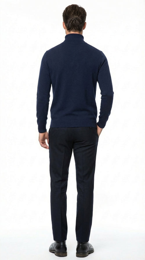 Mens Navy Blue Turtleneck Sweater Pullover | Cotton Blend Long Sleeve Knit Top for Casual & Smart Wear