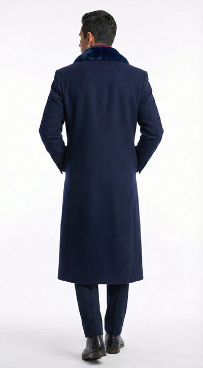 Mens Dark Navy Blue Long Overcoat with Faux Fur Collar, Classic Winter Dress Coat for Formal